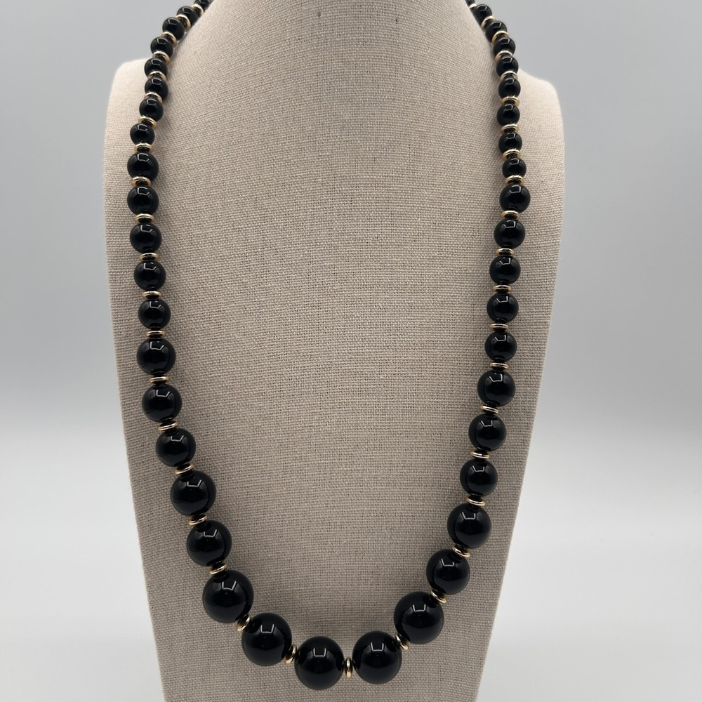 Vintage Black Graduated Bead Necklace Gold Tone Spacers Classic Jewelry 24"